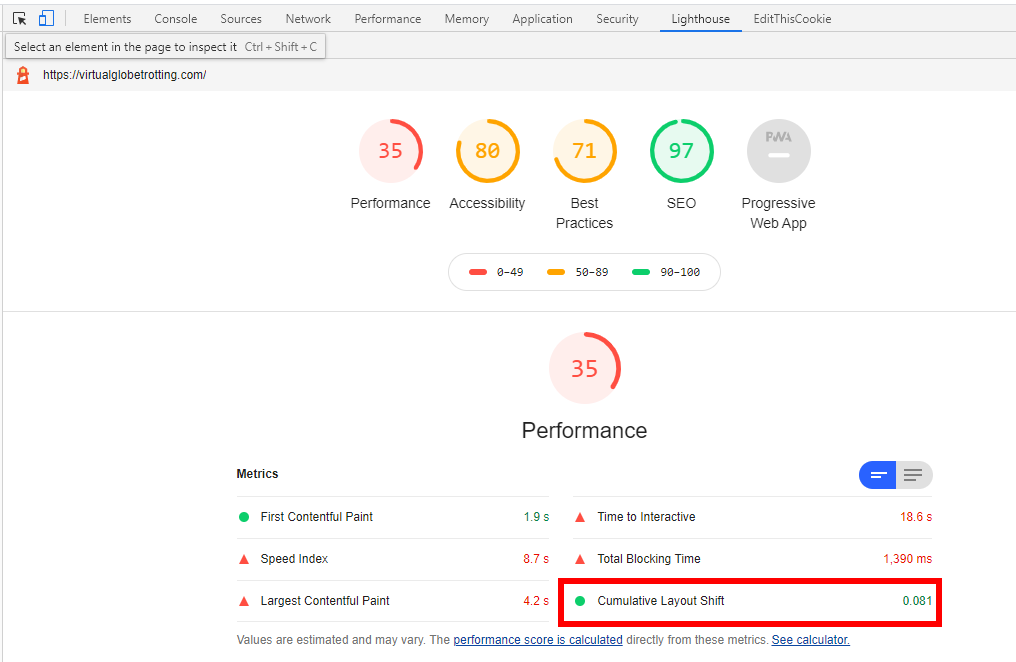 CLS in Chrome Developer Tools