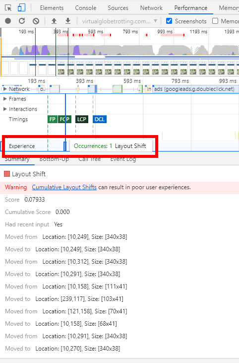 CLS in Chrome Developer Tools - Experience Row